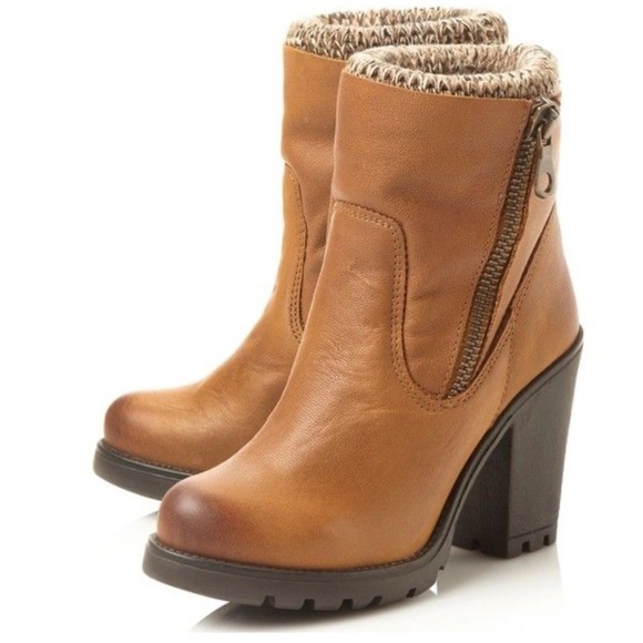 Steve Madden Cognac Knit Cuff Leather Boots Side Zip Stacked Heel Womens 8.5M - Picture 15 of 15